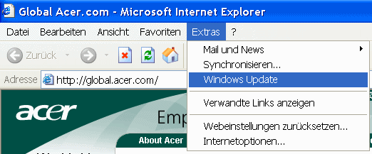 Windows Update - Pflichtbesuch mit einem neuen Computer
Meist ist am Desktop eines neuen Computer das Symbol für den Internet Explorer. Anklicken und Menü “Extras“ - “Windows Update“ starten. Waren bei meinen neuen gleich 38 MB.