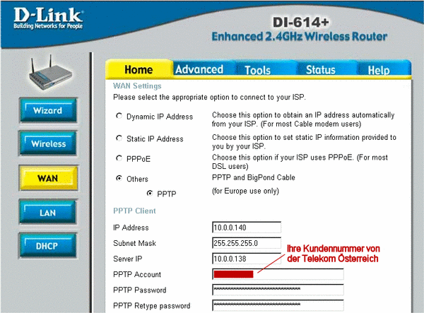 WLAN D-Link DI 614+ und ADSL Telekom Österreich
Derzeit funktioniert der Router nur mit der Firmware ab Version 2.10a welche im Moment nur von www.D-Link.Co.UK zu bekommen ist. Mit Abbildung aller Einstellungen.