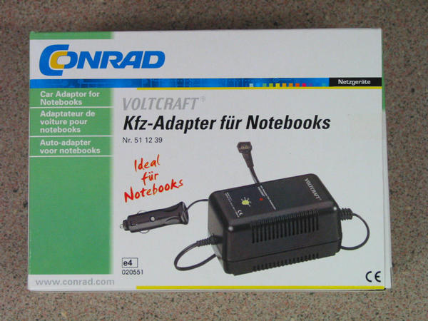 Conrad Car Adapter: zu schwach für aktuelle Notebooks
Sieht aus wie die Car Adapter die so bis 1998 üblich waren. Das große Teil mit der geringen Maximalleistung von 2A bei 24V lässt einen sehr schlechten Wirkungsgrad vermuten.