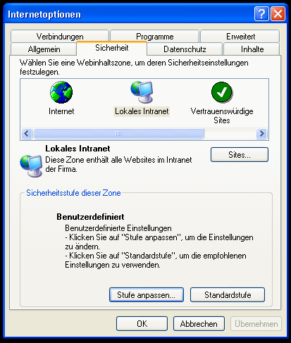 Sicherheitseinstellungen Internet XP SP2
Doch wie ändert man die Sicherheitseinstellungen für das Ausführen von Dateien auf der eigenen Festplatte? Scheint in keine der vorhandenen Kategorien zu passen.