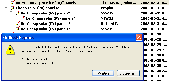 Inode Newsserver
Schon am 3.Juni der Testzeit gab es früh am Morgen den ersten Newsserver Ausfall bei Inode. Ein genauer Vergleich über die Zuverlässigkeit ist schwer zu machen.