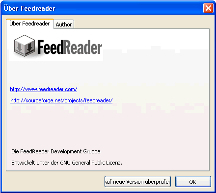 RSS feed reader unter GNU public license
Wir verwenden den Feedreader von www.FeedReader.com. Der einzige Unterschied zum Original: Unsere RSS Feeds sind als Defaulteinstellung bereits vorinstalliert.