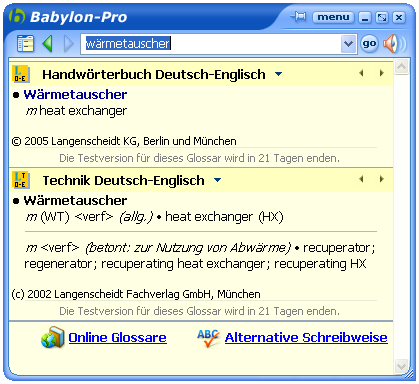Technisches Fachwörterbuch Englisch <=> Deutsch
Auch das Langenscheidt Technik Fachwörterbuch kann  über  30 Tage lang kostenlos und im vollen Umfang getestet werden.
