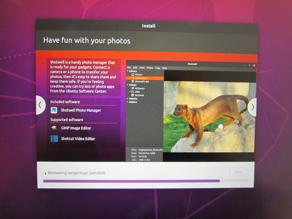 Was ist während der Installation von Ubuntu 20.04.1 zu sehen?
Hinweise auf VLC, Rythm Box Music Player, Spotify, Shotwell Photo Manager, GIMP, Shotcut Video Editor, Firefox, Thunderbird un Chromium.
Bild 3